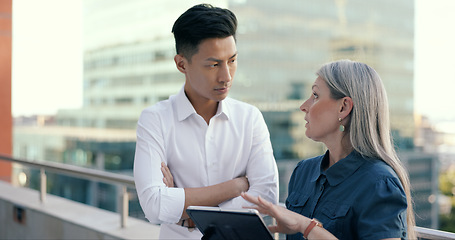 Image showing Business people diversity, tablet or office balcony in digital marketing research, strategy planning or calendar management. Mature ceo, talking manager or internship training schedule on technology