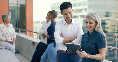 Image showing Business people diversity, tablet or office balcony in digital marketing research, strategy planning or calendar management. Mature ceo, talking manager or internship training schedule on technology