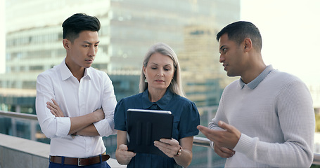 Image showing Business people diversity, tablet or office balcony in digital marketing research, strategy planning or calendar management. Mature ceo, talking manager or internship training schedule on technology