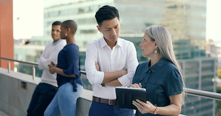 Image showing Business people diversity, tablet or office balcony in digital marketing research, strategy planning or calendar management. Mature ceo, talking manager or internship training schedule on technology