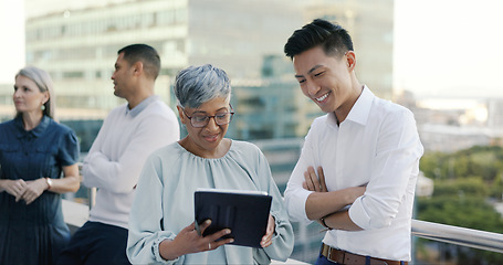 Image showing Business people diversity, tablet or office balcony in digital marketing research, strategy planning or calendar management. Mature ceo, talking manager or internship training schedule on technology