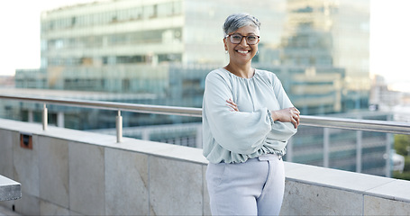 Image showing Face of business woman in city building for corporate leadership, career success or management solution with trust. Proud, smile of black woman worker, executive or ceo on urban balcony in a portrait