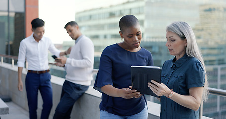 Image showing Business people diversity, tablet or office balcony in digital marketing research, strategy planning or calendar management. Mature ceo, talking manager or internship training schedule on technology