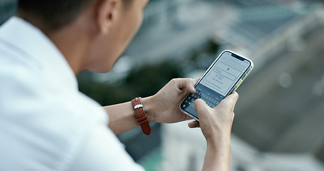 Image showing Volunteer, phone or hands on internet for registration application at a global NGO or non profit charity organization. Man, ui or user signing up on screen for a development project digital website