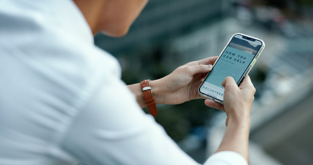 Image showing Volunteer, phone or hands on internet for registration application at a global NGO or non profit charity organization. Man, ui or user signing up on screen for a development project digital website