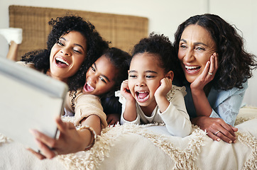 Image showing Relax, selfie and tablet with family in bedroom for smile, social media and funny face together. Bonding, technology and internet with women and picture at home for happiness, browsing and photo