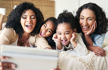 Image showing Smile, selfie and tablet with family in bedroom for relax, social media and funny face together. Bonding, technology and internet with women and picture at home for happiness, browsing and photo