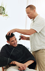 Image showing Barbershop, barber and man hairstylist in salon cutting hair for client grooming service for happy customer. Male, hairdresser or person gets trim with clippers at appointment for beauty and wellness