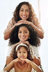 Image showing Generations, stack portrait and women of family with grandmother, mother and daughter with smile. Black woman, grandma and girl faces, love and bonding in home living room with solidarity