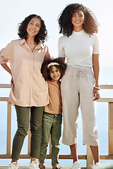 Image showing Portrait, black family or children with a senior woman, mother and daughter standing outdoor together on a balcony or veranda. Mothers day, love or kids with a girl, parent and grandparent outside