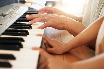 Image showing Piano, learning and hands of kid with father in home, playing or bonding together. Development, education and parent teaching child how to play musical instrument, acoustic and electric keyboard.