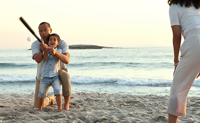 Image showing Family, baseball and boy play at beach, having fun and enjoying holiday together. Care, sunset and mother with happy grandfather playing sports with kid or child and bonding by ocean or seashore.