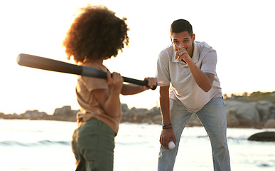 Image showing Baseball, father and girl play at beach, having fun and enjoying holiday together. Care, exercise and happy man pointing at kid or foster child while playing sports and bonding by seashore at sunset.