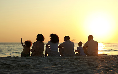 Image showing Peace, sunset and travel with big family on beach for vacation, support and happiness. Bonding, summer break and holiday trip with parents and children at coast for care, generations or nature mockup