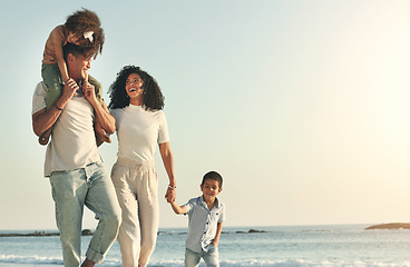 Image showing Happy, summer and walking family on the beach for travel, bonding and quality time in Brazil. Mockup, together and parents with children on a walk by the ocean for playing, vacation and break