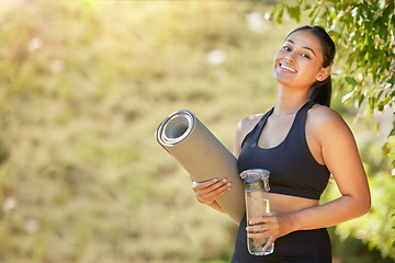 Image showing Yoga, woman and portrait with water, mat and wellness, exercise and zen in nature with mockup. Face, pilates and happy girl in countryside for mental health, zen and cardio, meditation and workout