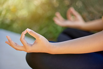 Image showing Closeup, hands and woman in yoga, lotus and pose while training in nature for wellness, relax and zen. Zoom, hand and exercise by girl in meditation, chakra and energy balance, mindfulness or healing