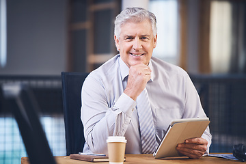 Image showing Elderly, business man and tablet in portrait with smile, analysis or planning at desk for networking. Senior stock broker, fintech and ceo with mobile touchscreen for vision, market strategy or email