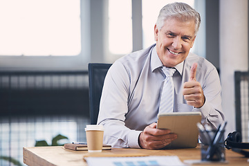 Image showing Senior, business man and tablet with thumbs up portrait, analysis and planning at desk for schedule. Elderly stock broker, fintech and mobile touchscreen for email, market strategy or contact for ceo