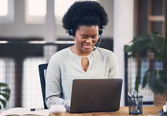 Image showing Call center, laptop or black woman typing in telemarketing startup agency office with a smile. Face, customer services or happy African sales consultant in a telecom or communications company