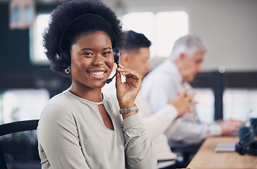 Image showing Portrait, call center and contact us with a black woman consultant working in her telesales office. Customer service, support and telemarketing with a female employee consulting using a headset