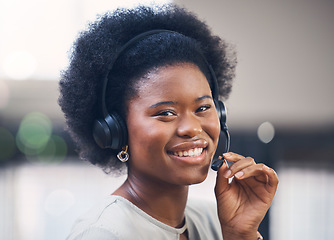 Image showing Portrait, call center and support with a black woman consultant working in her telesales office. Contact us, customer service and telemarketing with a female employee consulting using a headset