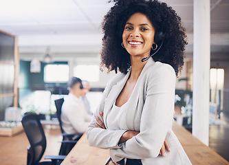 Image showing Portrait, customer service and support with a black woman consultant working in her telesales office. Contact us, call center and telemarketing with a female employee consulting using a headset