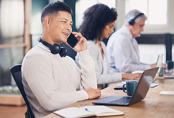 Image showing Business man, phone call and communication with networking, b2b and deal negotiation with laptop for research. Connectivity, male employee with smile and telecom in coworking workspace with contact