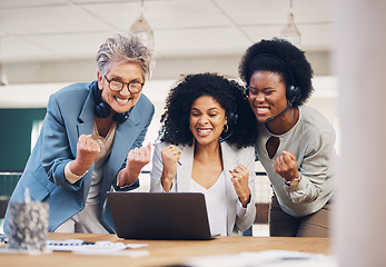 Image showing Teamwork goals, success or happy people in call center in celebration of sales target together in office. Winner, business deal or insurance agents celebrate bonus at customer services or crm support