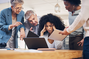 Image showing Chaos, stress and black woman with headache from multitasking, workload and team pressure in office. Burnout, fail and corporate manager with anxiety, mistake and deadline, problem or online glitch