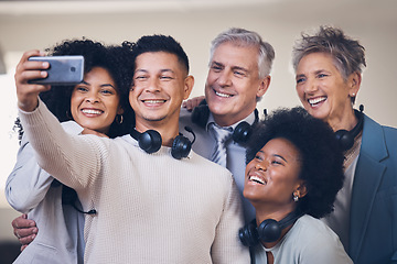 Image showing Call center, men and women in happy selfie in office, diversity and happiness on smartphone app. Businessman, old woman and black people with profile picture, friends together and social network post