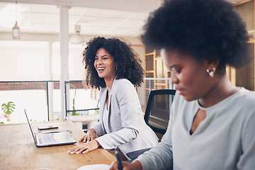 Image showing Black woman laughing in a business meeting for funny ideas, planning online and startup teamwork in office workspace. Happy professional people working on laptop for collaboration and career workflow