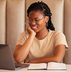 Image showing Laptop, studying student or black woman reading college email, university application or remote online education. Planning, e learning and gen z person on computer at restaurant for internet research