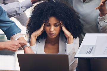 Image showing Crisis, stress and black woman with headache from multitasking, workload and team pressure in office. Burnout, fail and corporate manager with anxiety, mistake and deadline, problem or online glitch