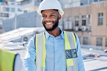 Image showing Construction worker, team and black man for b2b collaboration, project management update and onboarding. Happy contractor, builder or engineering person partnership, leadership and architecture talk