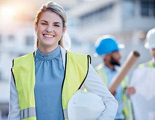 Image showing Construction worker, happy woman portrait or engineering contractor for career mindset, industry and building development. Young face of industrial person, builder or project manager in architecture