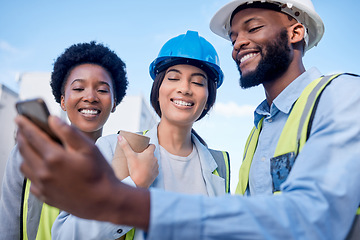 Image showing Black man, architect and phone with team in construction for project planning, teamwork or leadership on site. Happy group of engineers smiling for industrial architecture or contract with smartphone