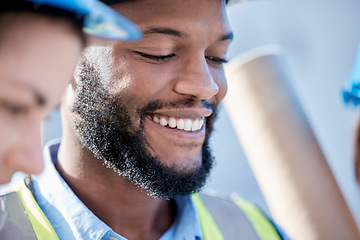 Image showing Black man, architect and smile in construction for project planning, teamwork or leadership on site. Happy African American male contractor, engineer or builder smiling for industrial architecture