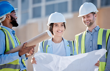 Image showing Blueprint, planning and engineering with people on construction site for teamwork, building and architecture. Meeting, floor plan and project management with group of engineer for idea and graphic