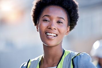 Image showing Portrait of engineering black woman or construction worker with career mindset, leadership and building development. Happy face of industry person, industrial contractor or builder in architecture