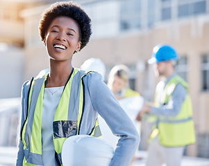 Image showing Construction worker, black woman portrait or engineering contractor for career mindset, industry and building development. Happy face of industrial african, builder or young person in architecture