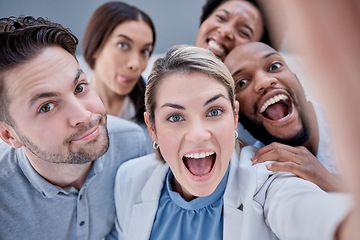 Image showing Business, people and funny portrait selfie of teamwork, faces and motivation of corporate friends. Diversity group of happy employees take photograph in global company, collaboration and joy together