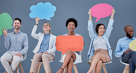Image showing Social media, speech bubble portrait and mobile cut out signs for advertising in a office, Business people, voice opinion and happiness of a mock up poster for brand promotion campaign with staff