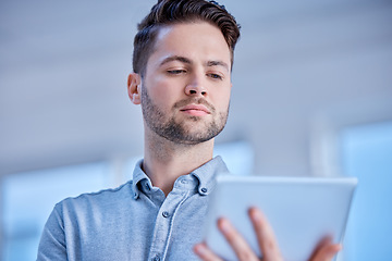 Image showing Business man, office and tablet planning online for schedule, internet app and startup analysis. Male worker, digital technology and website research for productivity, strategy and network connection