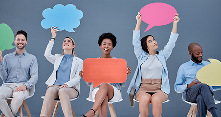 Image showing Social media, chat and business people with a speech bubble for communication and opinion. Mockup, blank and portrait of employees showing an information board for feedback, review and voice at work