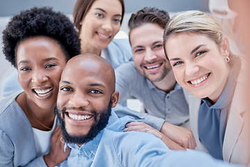 Image showing Business, people and smile for portrait selfie, teamwork and motivation of corporate workers. Diversity group of happy employees take photograph in global company, collaboration or happiness together