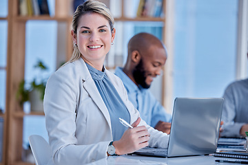 Image showing Business woman, portrait and laptop in boardroom meeting, startup and agency for planning, research and data. Happy female worker, computer technology and website connection for management in office