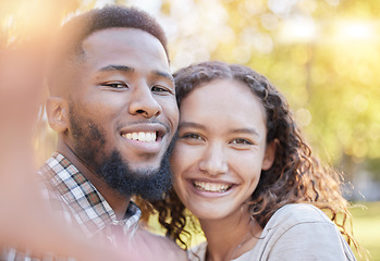 Image showing Couple of friends in portrait selfie at park for outdoor relax, happy date and interracial love on social media. Happy woman, gen z or young people in nature, profile picture post and smile together