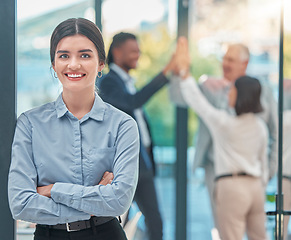Image showing Portrait, businesswoman and celebrating success, good news or partnership with high five in office. Face, leader and group in team building, training or celebration for mission or collaboration