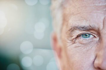 Image showing Retina, vision and mockup with blue eye of old man for focus, optometry and healthcare. Iris, human and awareness with senior male and pupil for sight, natural and ophthalmology on bokeh background